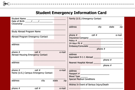 Study Abroad Student Emergency Information Card